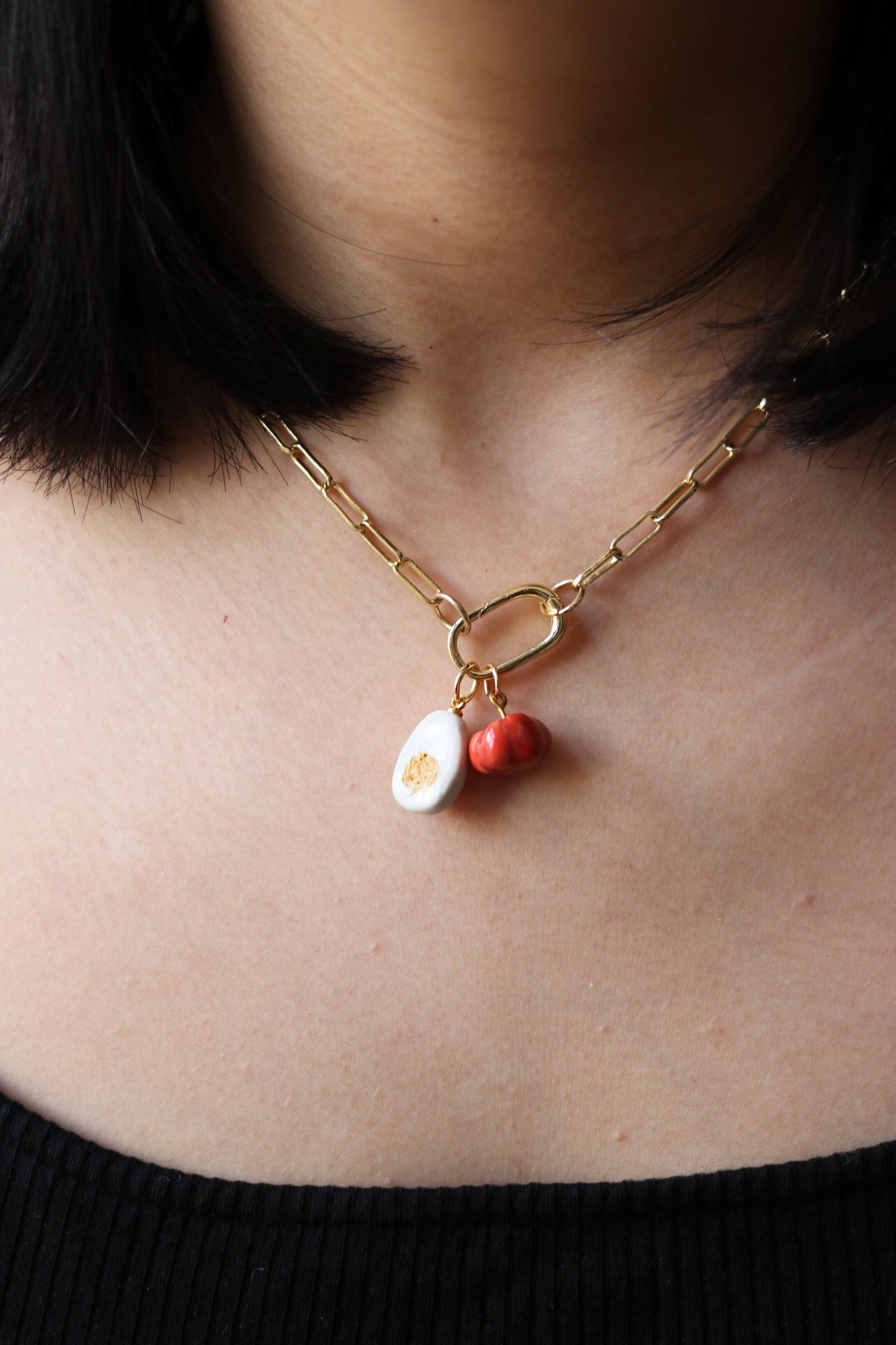 Charm necklace with boiled egg and tomato charms